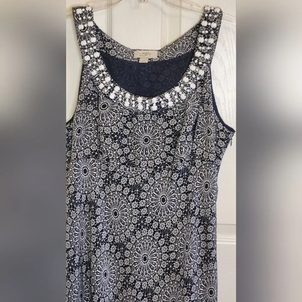 LOFT Blue White 14 Embellished 100% SILK Lined Floral Print Slvlss Women Dress